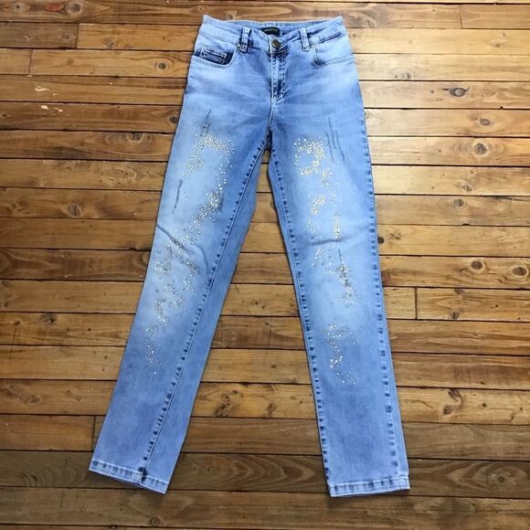 TRICOTTO high rise waist distressed rhinestone crystal sparkle jeans 6 ripped - Picture 2 of 14